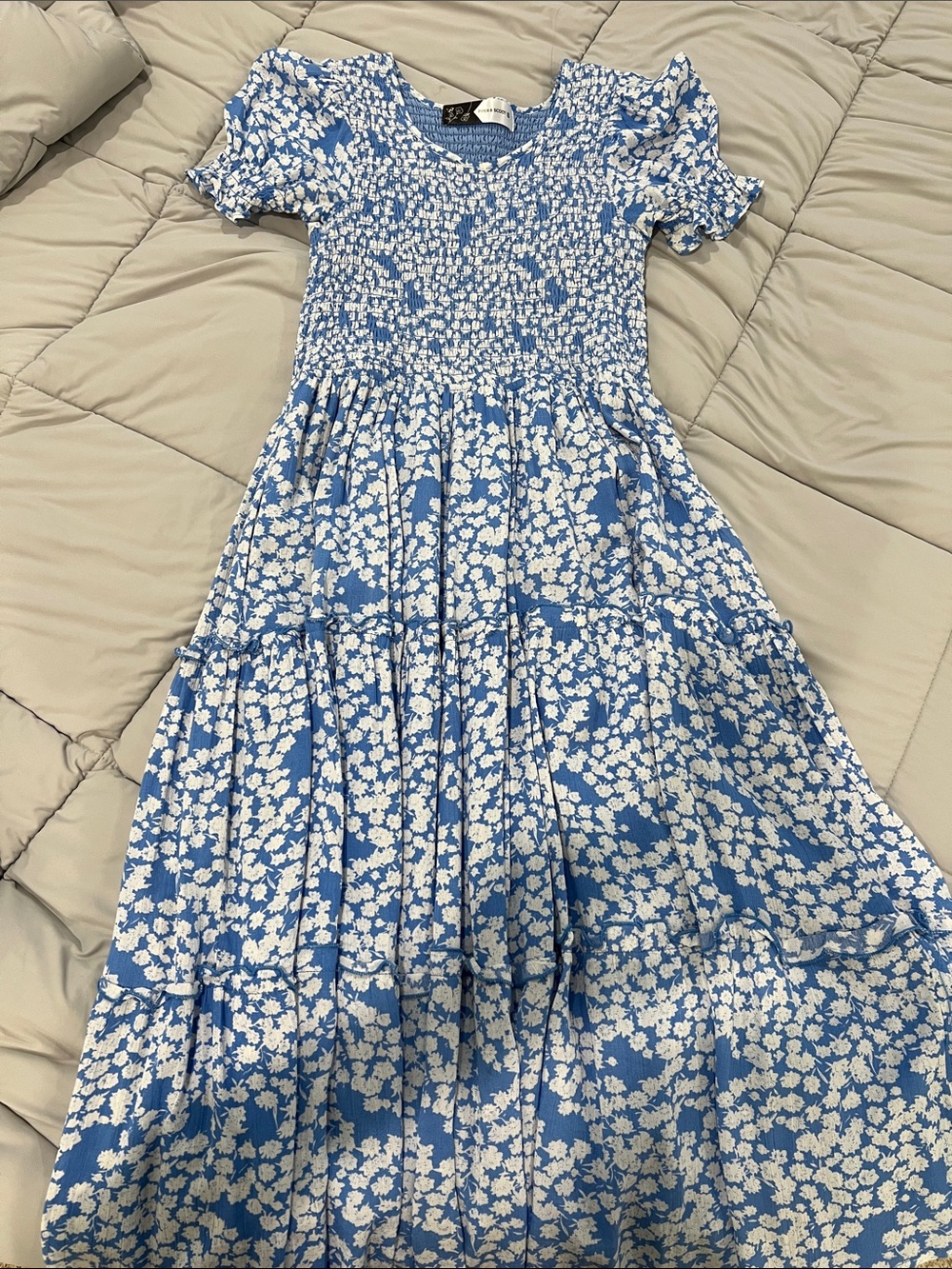 Blue Floral Smocked Midi Dress - Smocked Bodice & Puff Sleeves